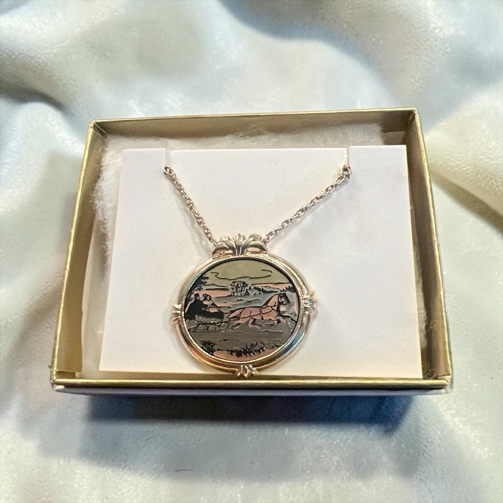 Vintage Avon Necklace with Pendant Gold Tone, Country Christmas Sleigh Ride 1982